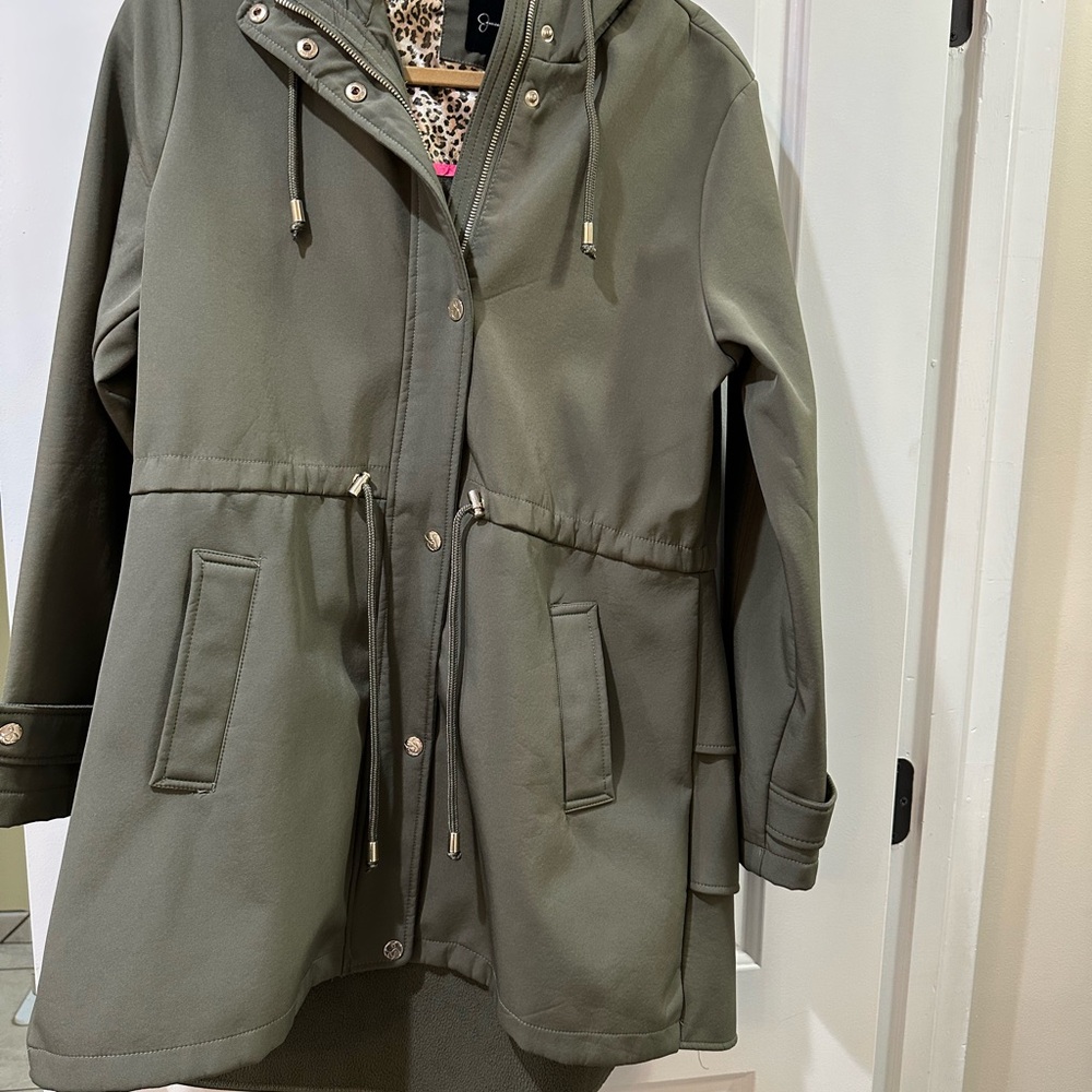 Jessica Simpson Water Resistant Softshell Long Hooded Raincoat with Ruffled Back